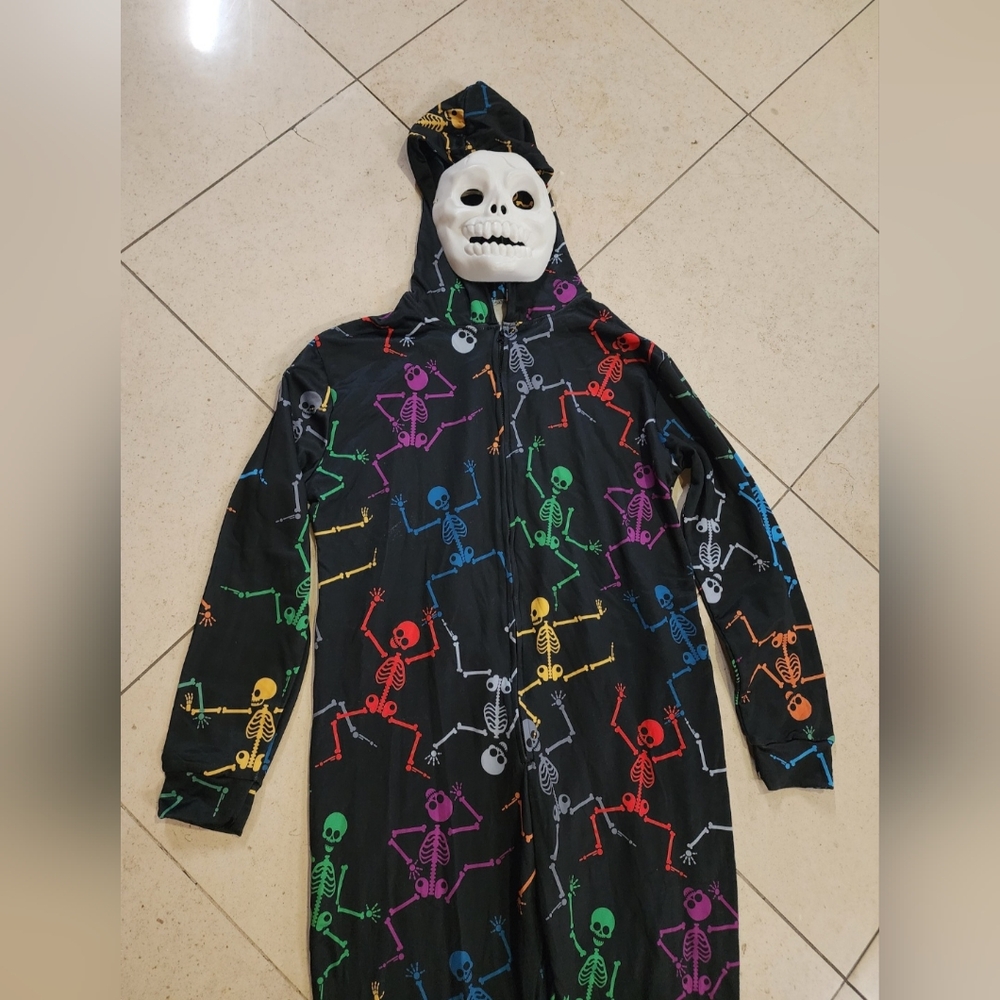 Colorful Skeleton Pajama Hoodie Halloween Costume & Skull Mask Adult Mens Sz LRG